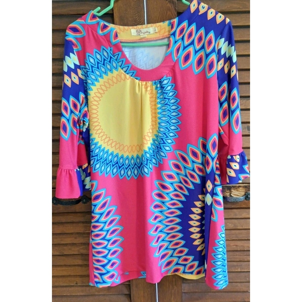 Aryeh Women's Multicolor Geometric Scoop Neck 3/4 Ruffle Sleeve Size L Blouse